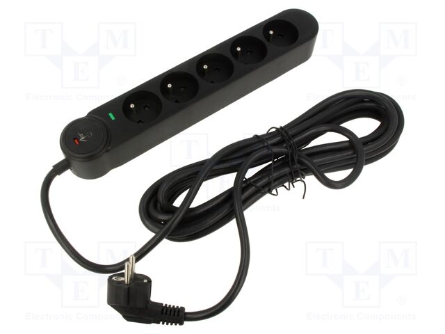 Plug socket strip: protective; Sockets: 5; 250VAC; 16A; black; 5m