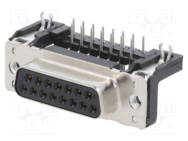 D-Sub; PIN: 15; socket; female; PCB snap-in; angled 90°; THT