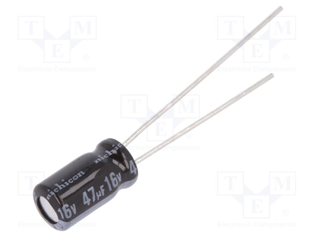 Capacitor: electrolytic; THT; 47uF; 16VDC; Ø5x9mm; Pitch: 2mm; ±20%