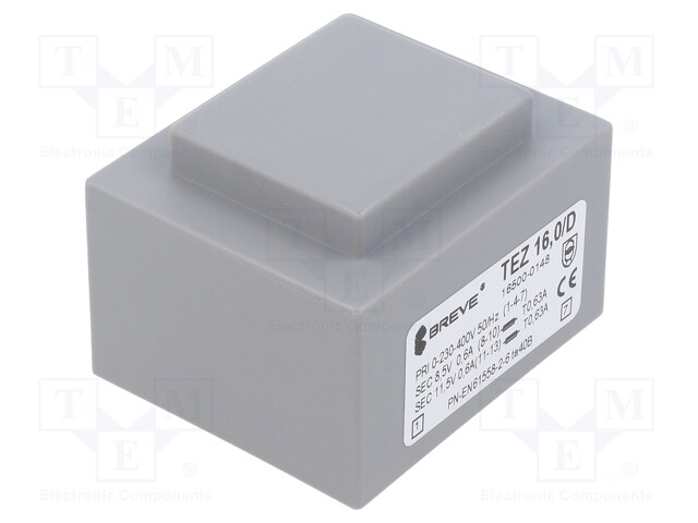 Transformer: encapsulated; 16VA; 230VAC; 8.5V; 11.5V; Mounting: PCB