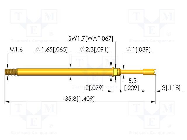Test needle; Spring compression: 4mm; 5.3mm; 5A; CuBe; gold-plated