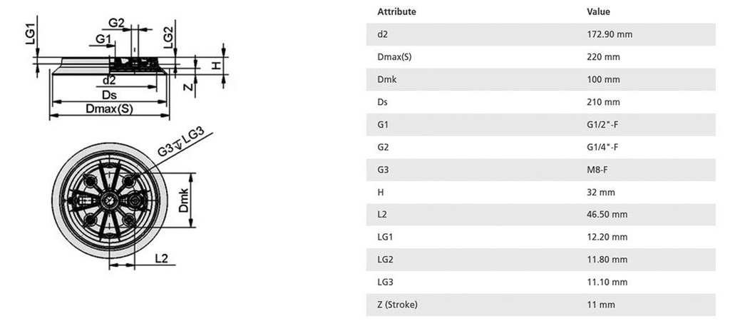 Suction cup; 210mm; 535g; G 1/2" F,G 1/4 F; Shore hardness: 60