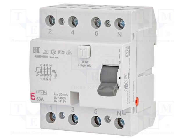 RCD breaker; Inom: 63A; Ires: 30mA; Poles: 4; 400V,415V; IP20; EFI