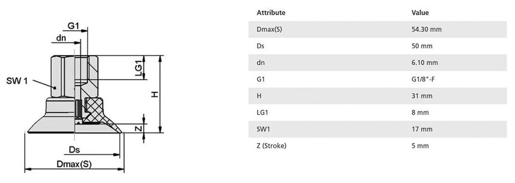 Suction cup; 50mm; 24.9g; G 1/8 F; Shore hardness: 60; 7.1cm3; SUF