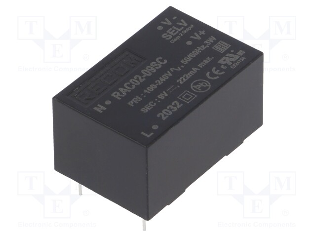 Converter: AC/DC; 2W; Uout: 9VDC; Iout: 222mA; 72%; Mounting: PCB