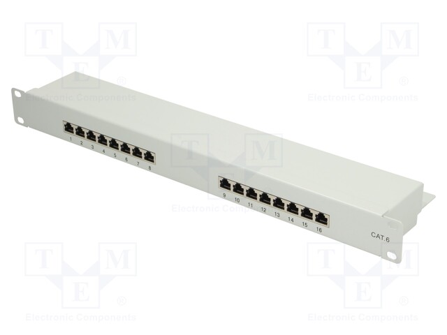 Patch panel; RJ45; Cat: 6; RACK; Colour: grey; Number of ports: 16