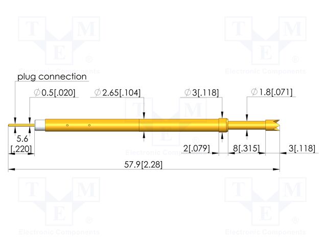 Test needle; Spring compression: 6.4mm; 8mm; 5A; CuBe; gold-plated
