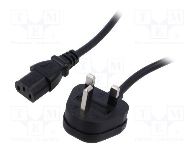 Cable; 3x1mm2; BS 1363 (G) plug,IEC C13 female; PVC; 1m; black; 3A