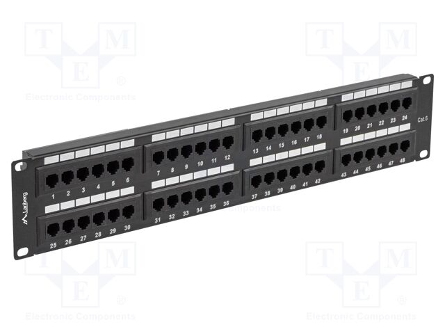 Patch panel; black; Number of ports: 48; Cat: 6; RJ45 socket x48