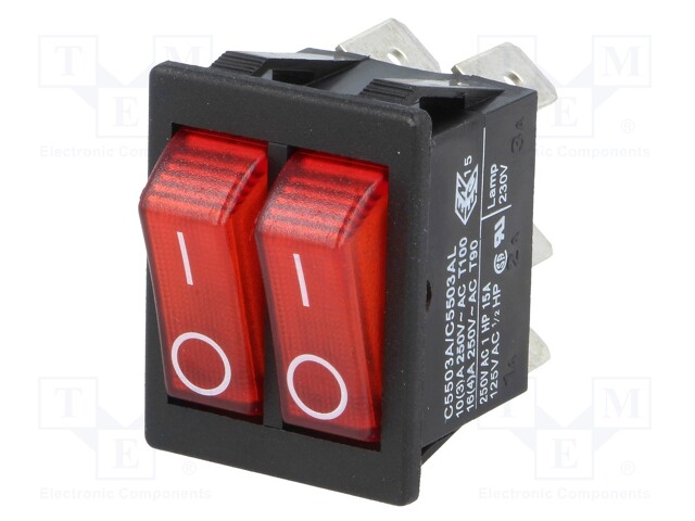 ROCKER; SPST; Pos: 2; OFF-ON; 16A/250VAC; red; neon lamp 250V