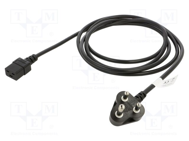 Cable; 3x1.5mm2; IEC C19 female,IS 1293 (M) plug; PVC; 3m; black