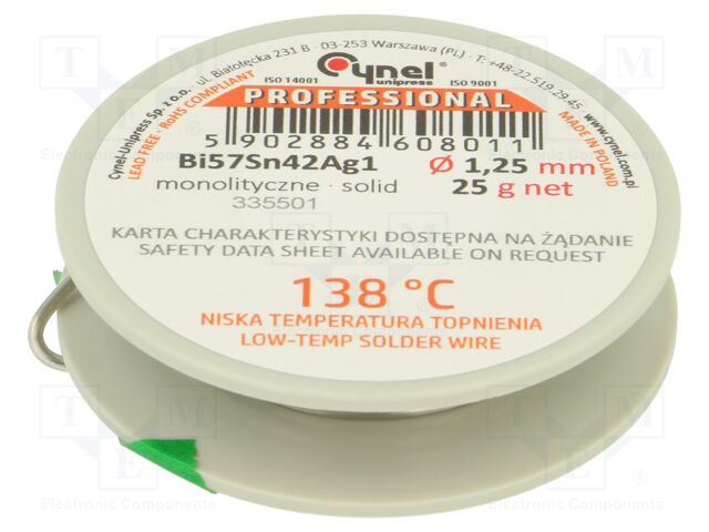 Tin; lead free; Bi57Sn42Ag1; 1.25mm; 25g; reel; Flux: flux free