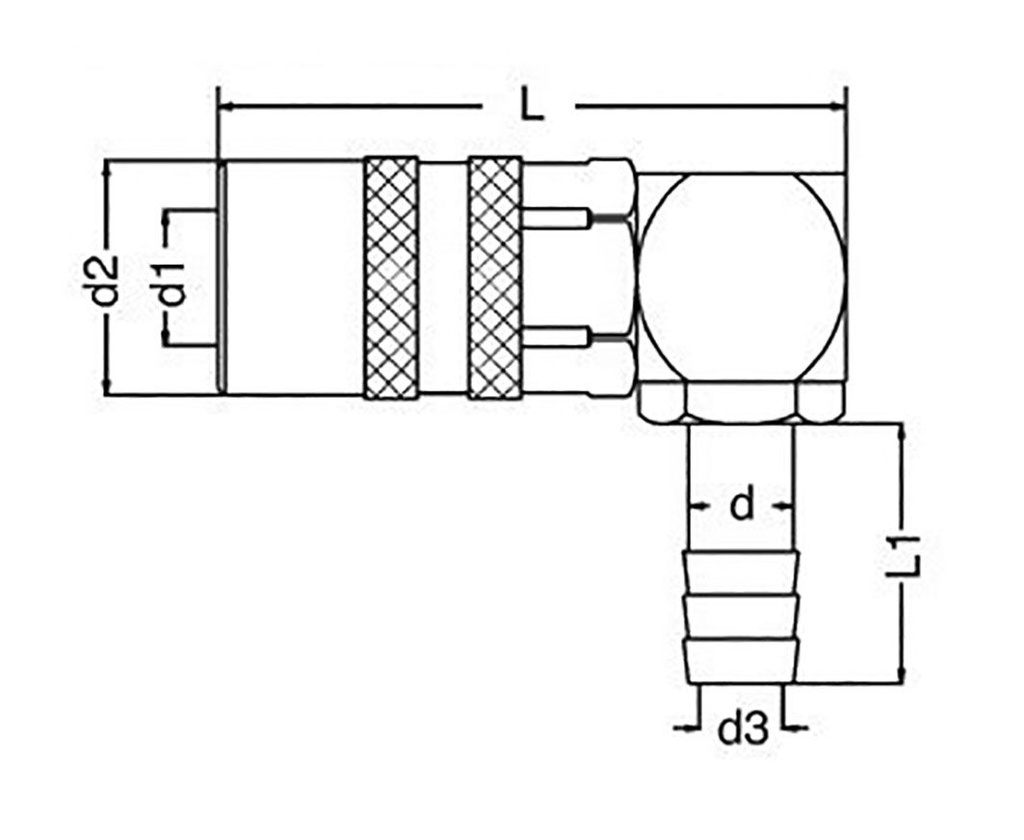 Quick connection coupling; angled 90°,with valve; 10bar; L: 45mm