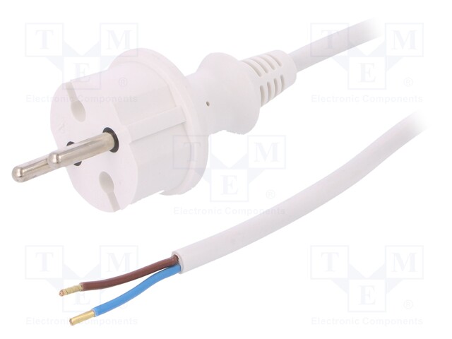 Cable; CEE 7/17 (C) plug,wires; 5m; white; PVC; 2x1mm2; 16A; 250V