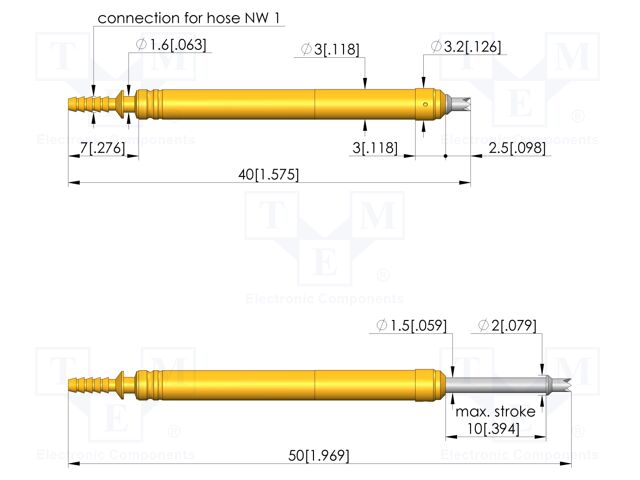 Test needle; Spring compression: 6mm; 10mm; 2A; steel; Ø: 1.3mm