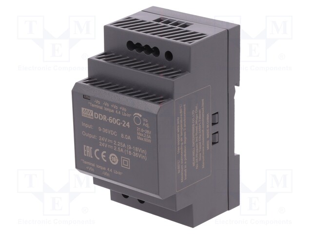 Power supply: DC/DC; 60W; 24VDC; 2.5A; 9÷36VDC; Mounting: DIN; 216g