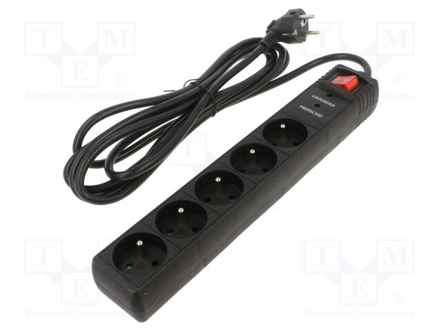 Plug socket strip: protective; Sockets: 5; 250VAC; 16A; black