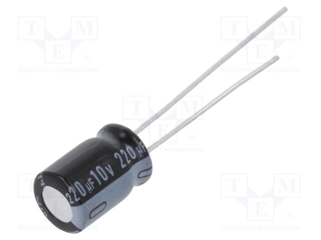 Capacitor: electrolytic; THT; 220uF; 10VDC; Ø6.3x9mm; Pitch: 2.5mm