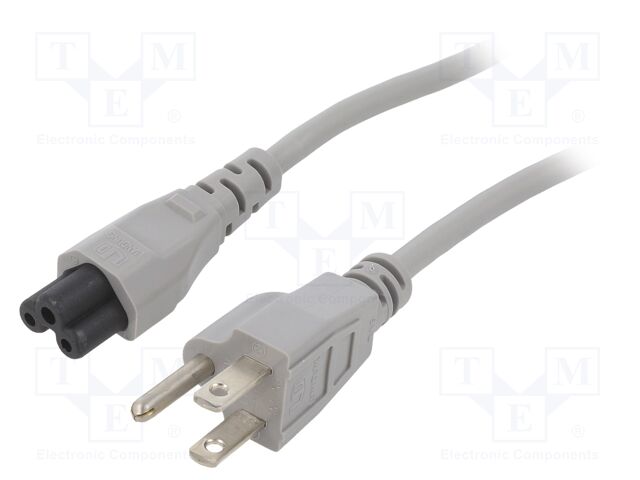 Cable; 3x18AWG; IEC C5 female,NEMA 5-15 (B) plug; PVC; 5m; grey