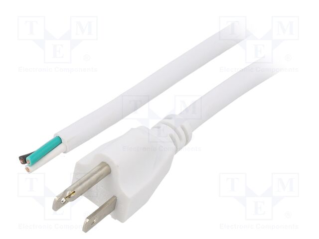 Cable; NEMA 5-15 (B) plug,wires; PVC; 1.5m; white; 3x16AWG; 13A