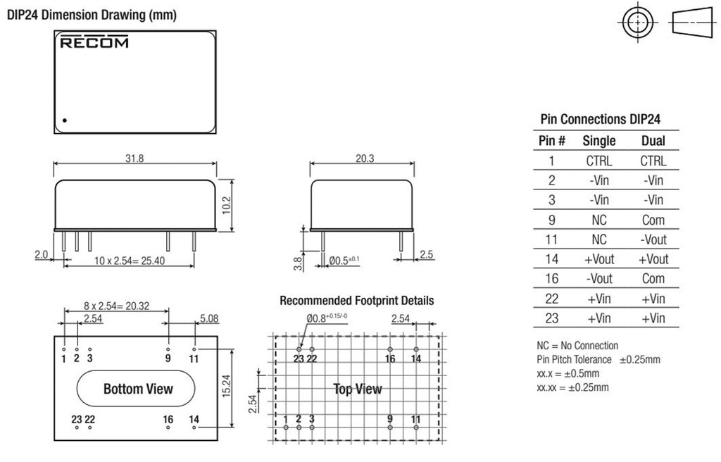 Converter: DC/DC; 8W; Uin: 18÷75V; Uout: 12VDC; Iout: 666mA; DIP24