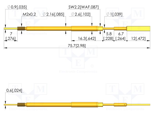 Test needle; Spring compression: 5mm; 5.5mm; 8A; steel; Ø: 2.5mm
