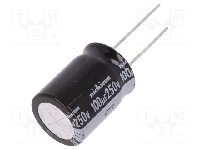 Capacitor: electrolytic; THT; 100uF; 250VDC; Ø18x25mm; Pitch: 7.5mm