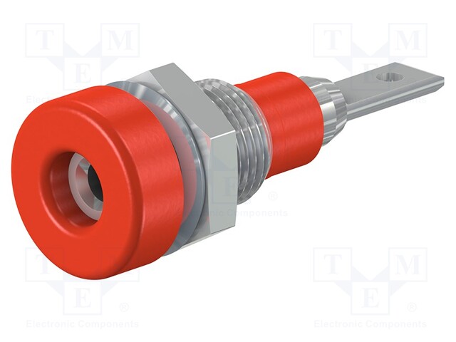 Socket; 2mm banana; 10A; 23mm; red; soldered,on panel; insulated