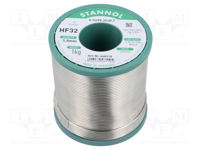 Soldering wire; Sn99Cu1; 1.5mm; 1kg; lead free; Package: reel