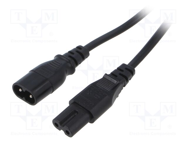 Cable; 2x0.75mm2; IEC C7 female,IEC C8 male; PVC; 1m; black; 2.5A