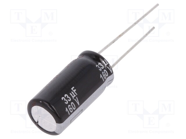 Capacitor: electrolytic; THT; 33uF; 160VDC; Ø10x20mm; Pitch: 5mm