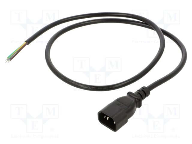 Cable; 3G0.75mm2; IEC C14 male,wires; PVC; 1m; black; 10A; 250V