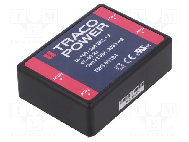 Converter: AC/DC; 50W; Uout: 24VDC; Iout: 2083mA; 88%; Mounting: PCB