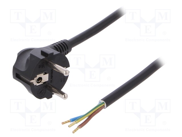 Cable; SCHUKO plug,CEE 7/7 (E/F) plug angled,wires; 3m; black