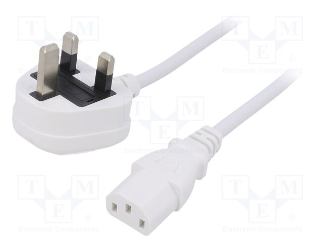 Cable; BS 1363 (G) plug,IEC C13 female; 2m; white; PVC; 3x0,75mm2
