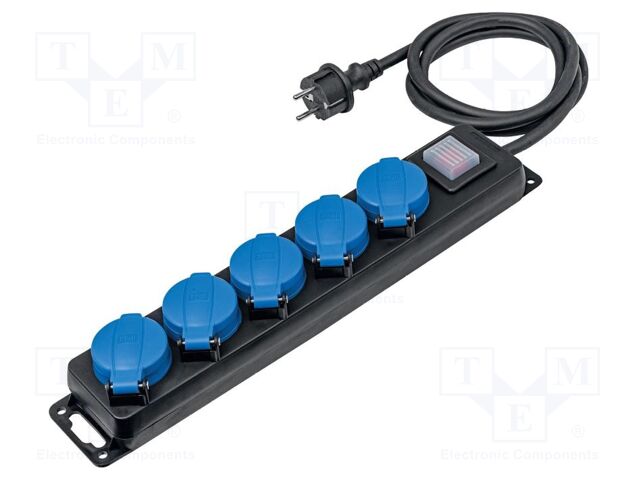 Extension lead; 3G2.5mm2; with flap; Sockets: 5; rubber; black