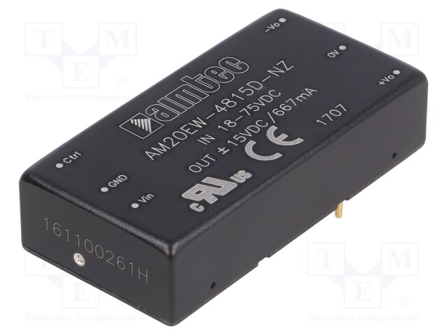Converter: DC/DC; 20W; Uin: 18÷75V; Uout: 15VDC; Uout2: -15VDC; 2"x1"