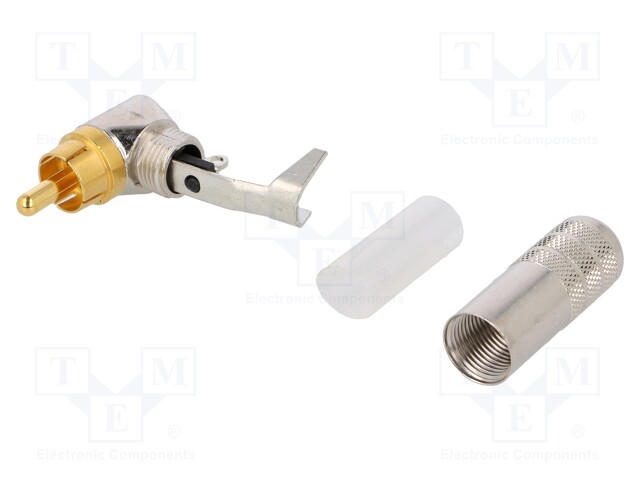 Plug; RCA; male; angled 90°; soldering; silver; gold-plated; 7.36mm