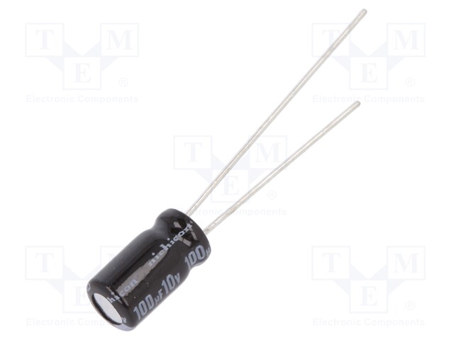 Capacitor: electrolytic; THT; 100uF; 10VDC; Ø5x9mm; Pitch: 2mm; ±20%