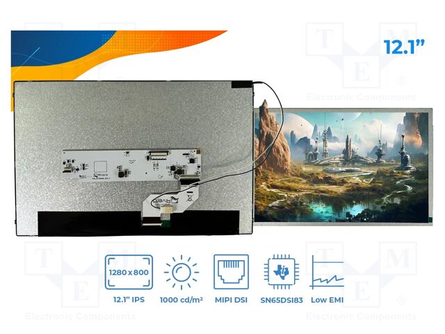 Display: TFT; 12.1"; 1280x800; Illumin: LED; RGB; 1000cd/m2; 5VDC