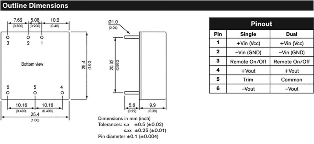 Converter: DC/DC; 20W; Uin: 9÷36V; Uout: 24VDC; Uout2: -24VDC; 1"x1"