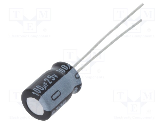 Capacitor: electrolytic; THT; 100uF; 25VDC; Ø6.3x9mm; Pitch: 2.5mm