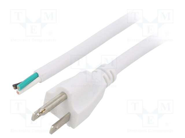 Cable; 3x16AWG; NEMA 5-15 (B) plug,wires; PVC; 3m; white; 13A; 125V