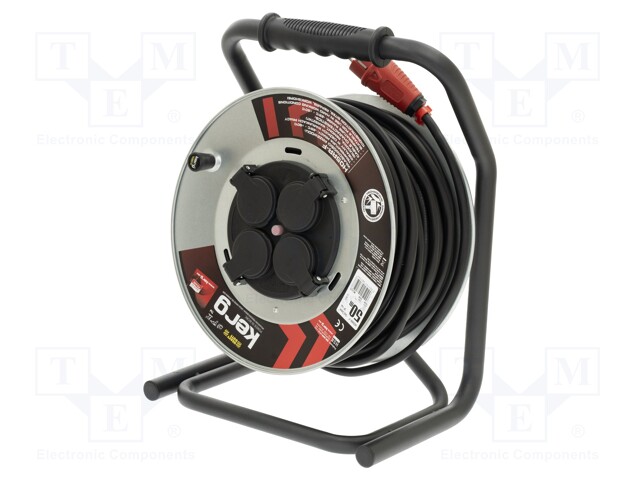 Extension lead; reel; Sockets: 4; rubber; black; 3x2,5mm2; 50m; 16A