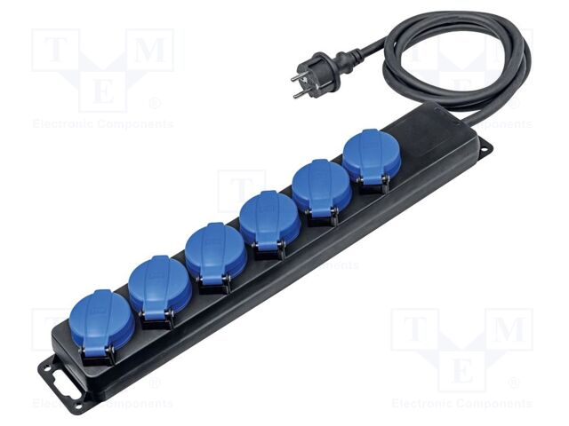 Extension lead; 3G1.5mm2; with flap; Sockets: 6; rubber; black