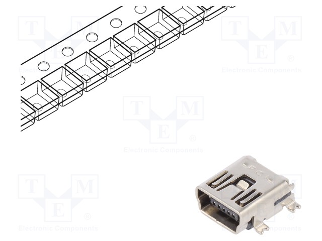 Socket; USB B mini; on PCBs; SMT,THT; PIN: 5; horizontal; USB 2.0
