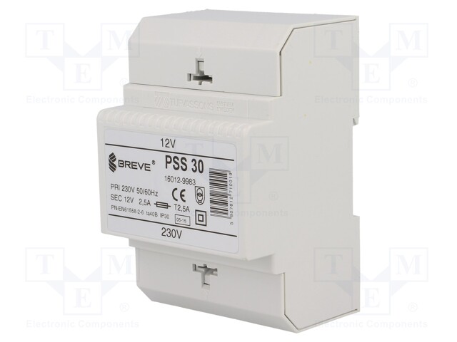 Transformer: safety; 30VA; 230VAC; 12V; IP30; Mounting: DIN; 1kg