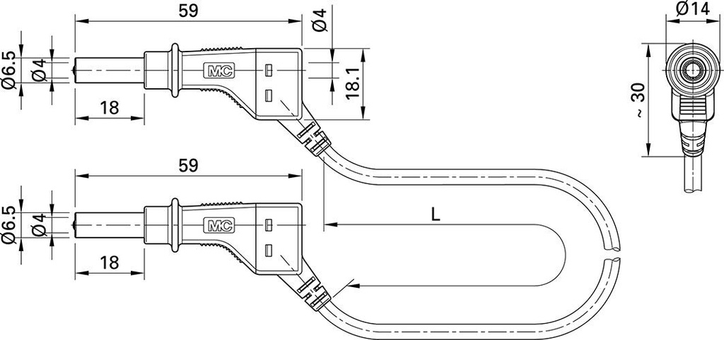 Test lead; 32A; banana plug 4mm,both sides; Urated: 600V; Len: 2m