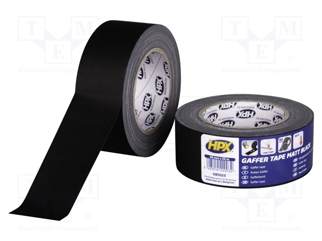 Tape: duct; W: 48mm; L: 50m; D: 0.31mm; black; natural rubber; 12%