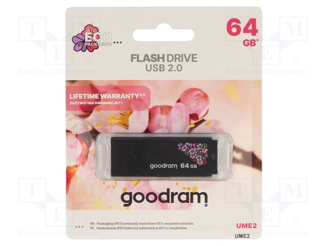 Pendrive; USB 2.0; 64GB; R: 20MB/s; W: 5MB/s; USB A; SPRING; black